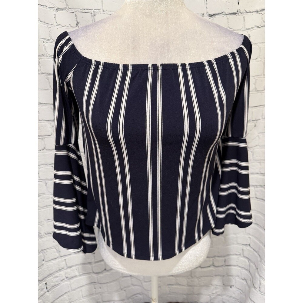 Express Navy Blue&white striped off the shoulder bell sleeve top XS